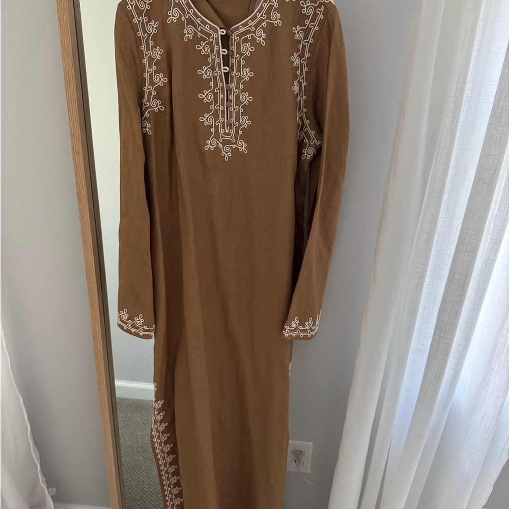 Tory Burch Tan Long Sleeve Dress with White Embroidery